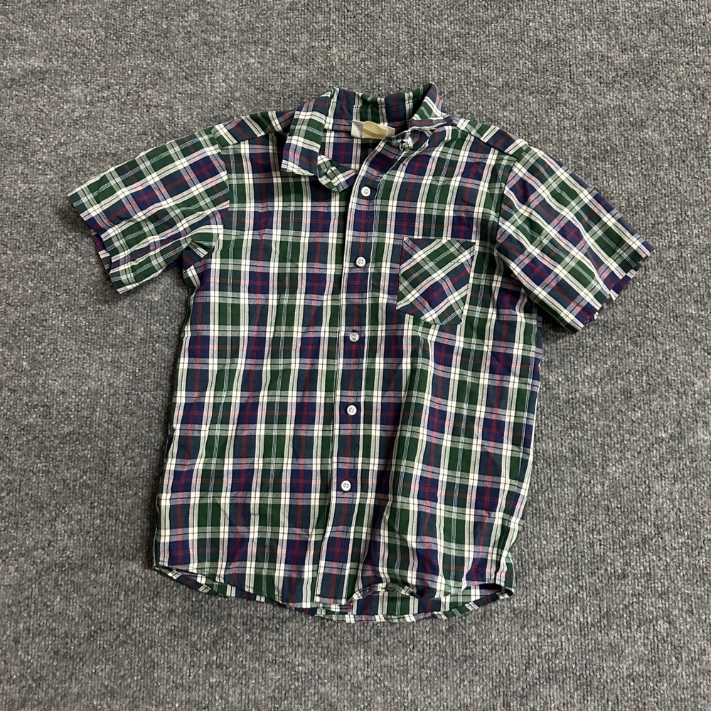 Parker Button Down Boys Size 12 Green Blue Plaid Short Sleeve Cotton Blend USA